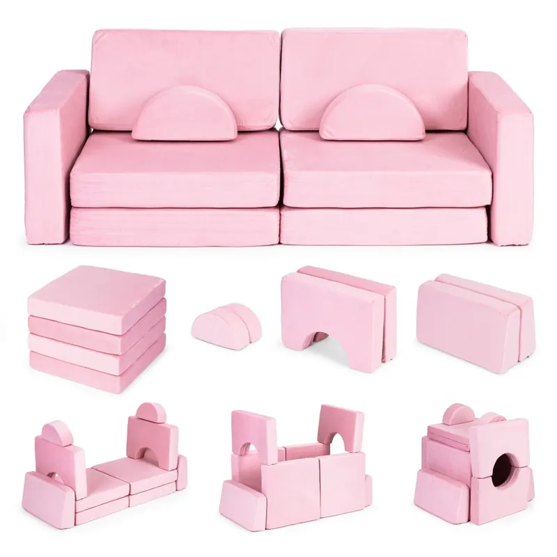 Canapea mare pliabilă modulară cu 2 locuri pentru copii DIY cu 10 perne moi - roz ECOTOYS | Calitate premium
