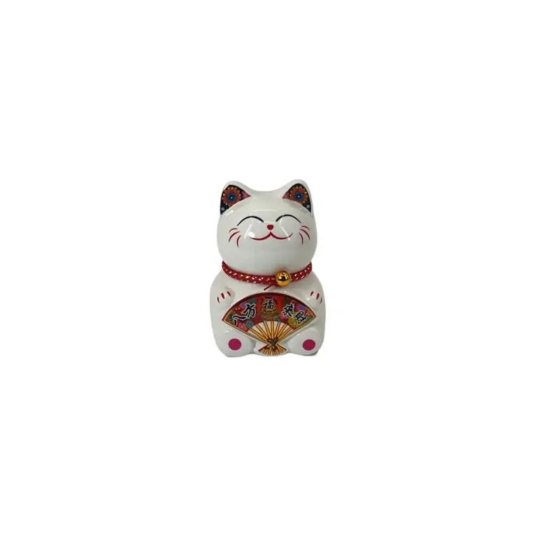 Economii mari - Pisoi Norocos Maneki Neko Alb, Figurină Decorativă cu Evantai și Clopoțel