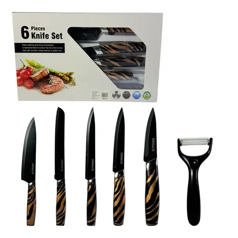 Calitate superioară | Set cuțite bucătărie 6 piese cu decojitor, lame negre și mânere model decorativ