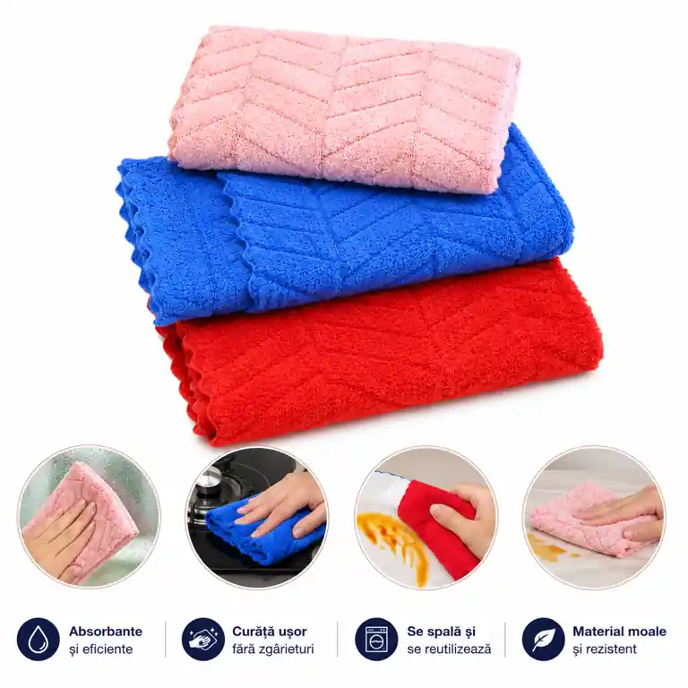 Se vinde rapid - Set 3 Prosoape 30x30 cm, 240G, Lavete Textile pentru Baie și Bucătărie, Reutilizabile și Absorbante