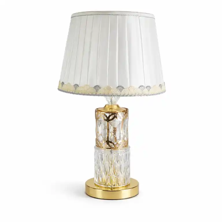 Veioza decorativa cu abajur plisat, baza cristal si finisaj auriu, lampa de masa eleganta pentru living si dormitor - În stoc