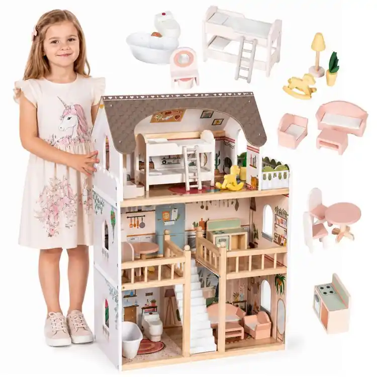 Calitate de top | LAURA, casă de păpuși din lemn cu trei etaje, prevăzută cu mobilier