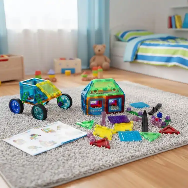 Calitate excelentă - Set de construcție magnetică pentru copii - cuburi magnetice din 48 de piese cu roți și șabloane