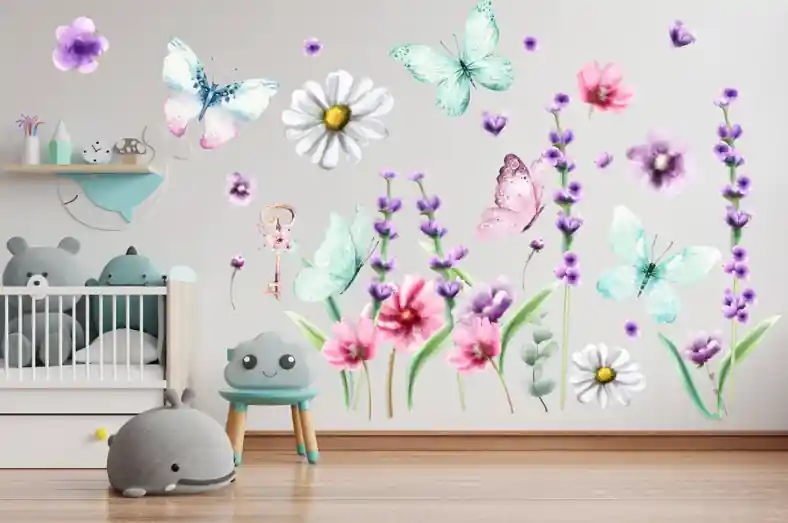Wall sticker pentru camera copiilor - pastel pajiște cu fluturi și flori | Calitate superioară