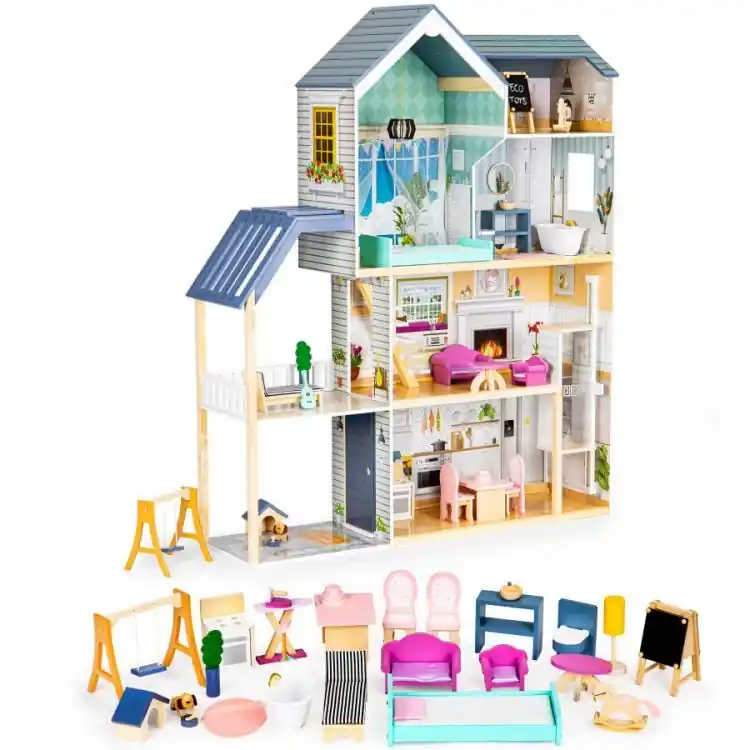 Casa mare de păpuși din lemn cu mobilier - Gata de expediere