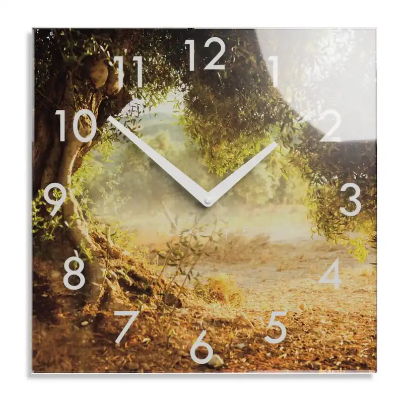 Selecție premium | Ceas decorativ din sticlă, copac şi cu motiv de apus, 30 cm