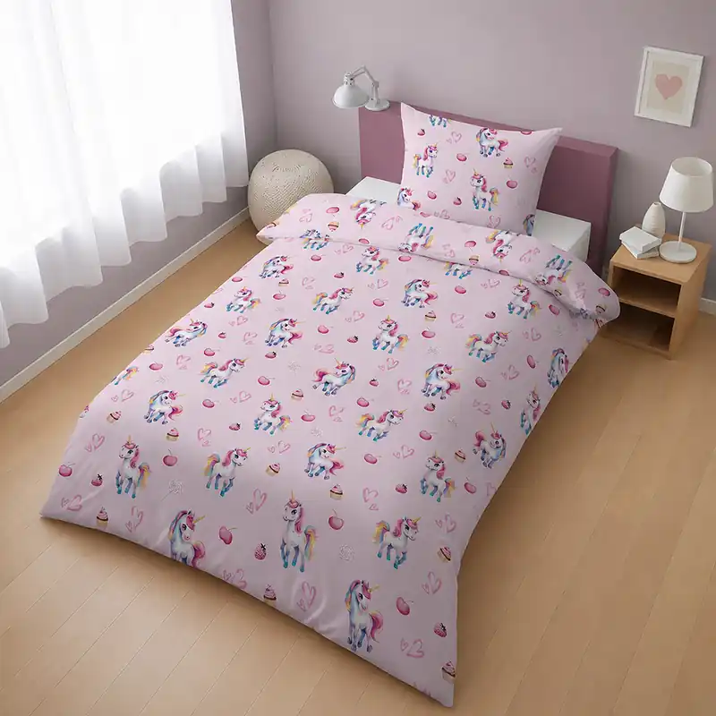 Calitate de top | Lenjerie de pat din bumbac pentru copii Unicorn roz