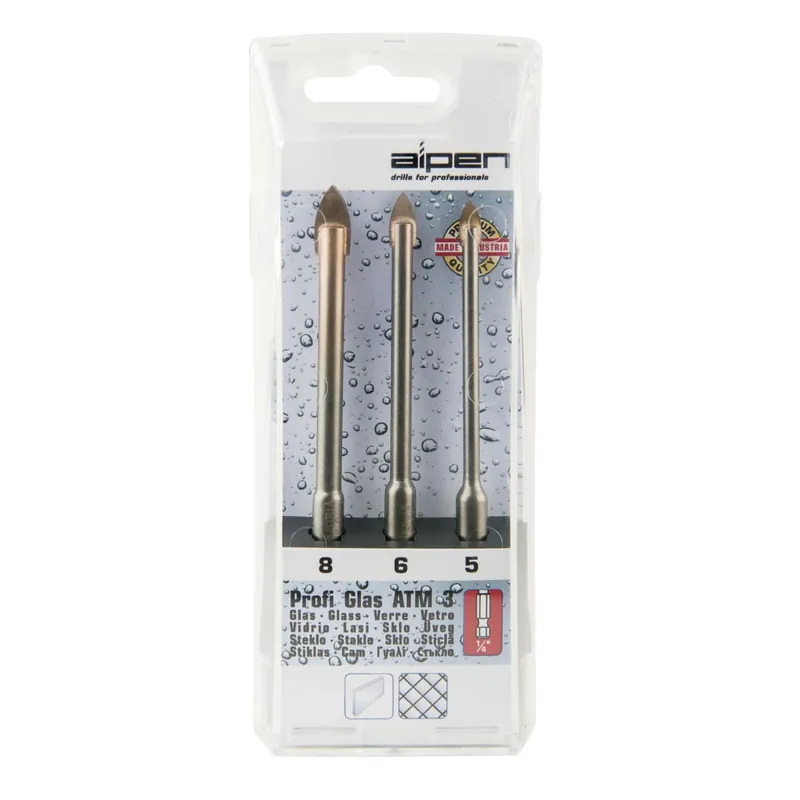 Set de 3 burghie pentru sticla, Alpen, diametre 5.0mm, 6.0mm, 8.0mm, montaj hexagonal 1/4" | Comandă cu încredere
