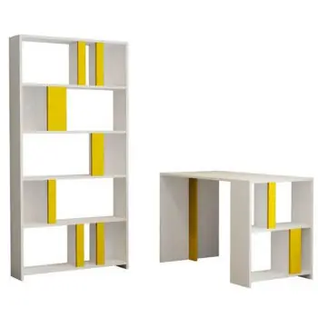 Set mobilier birou Trendy Lima, alb, galben, cu raft | Selecție de top