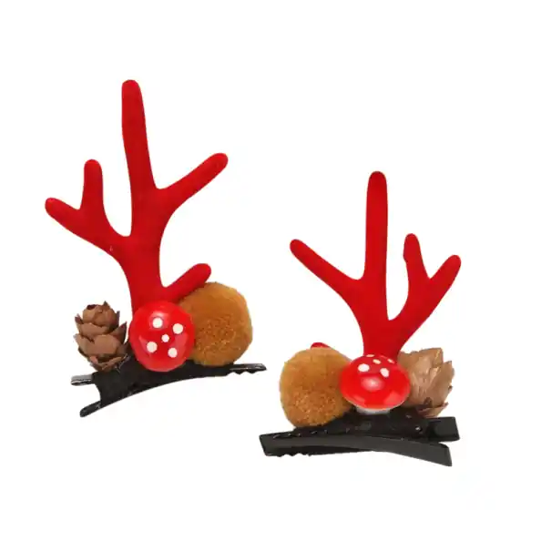Agrafe de păr de Crăciun cu coarne de ren, burete roșu, con și pompon maro Accesoriu stilat pentru coafura de Crăciun și fotografii festive - Ultima lansare