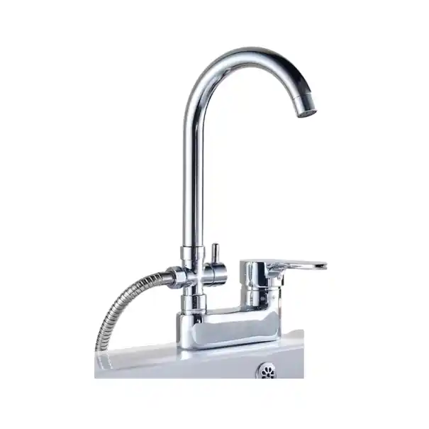 Baterie de chiuvetă multifuncțională cu manetă pentru apă caldă și rece cu robinet rotativ de 145 mm argintie cu două orificii pentru baie | Promoție