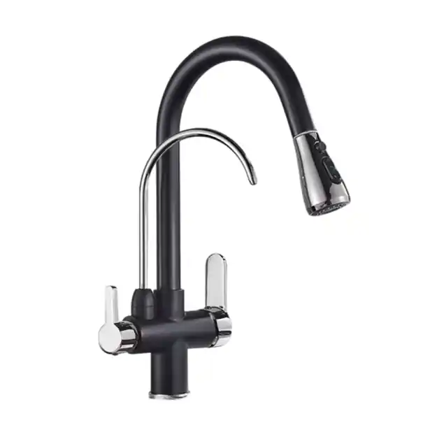 Baterie de bucătărie filtrantă rotativă la 360° cu design bicolor și braț retractabil, 3 moduri de amestecare a apei calde și reci, 34x11,5 cm | Ofertă excelentă