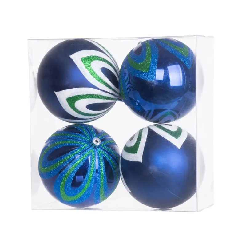 Se încheie curând - Set 4 globuri de Craciun Ø10 cm albastre cu detalii albe, plastic - MagicHome