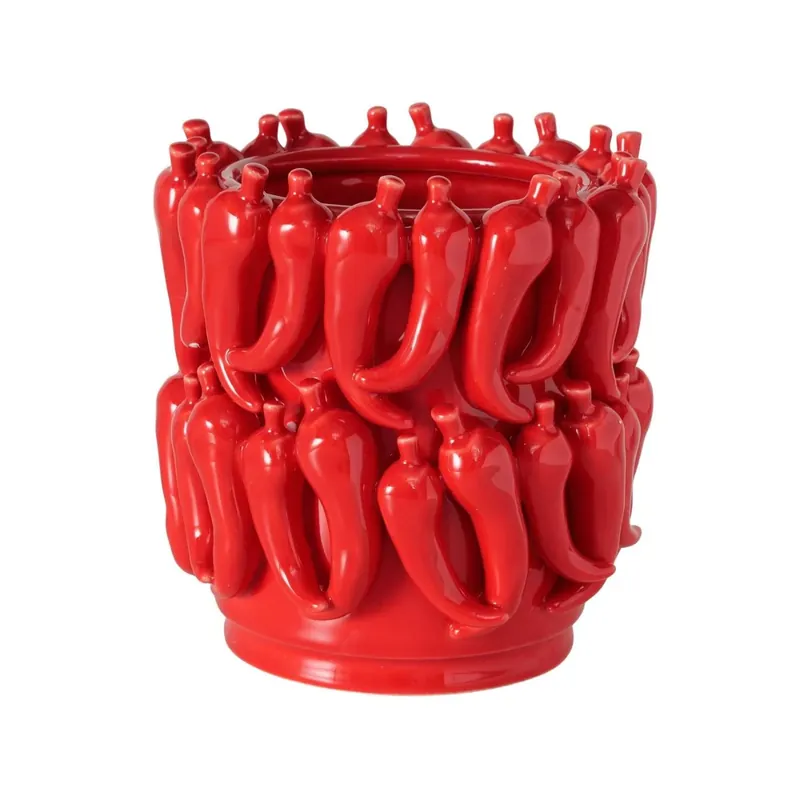 Ghiveci decorativ Peperoni Ø20 cm, din portelan rosu lucios cu model 3D ardei iuti | Produs apreciat