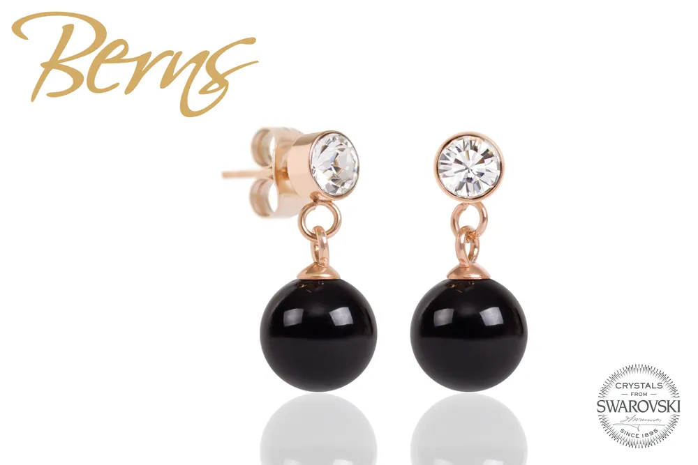 Cercei, perla + cristale Swarovski, negru/rosegold, 8mm | Lansare