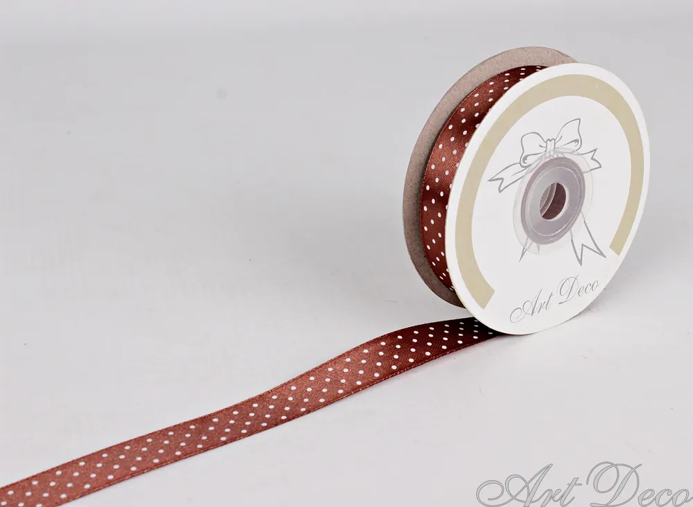 Banda de satin, maro cu buline, 15mm x 25m - Economisește mai mult