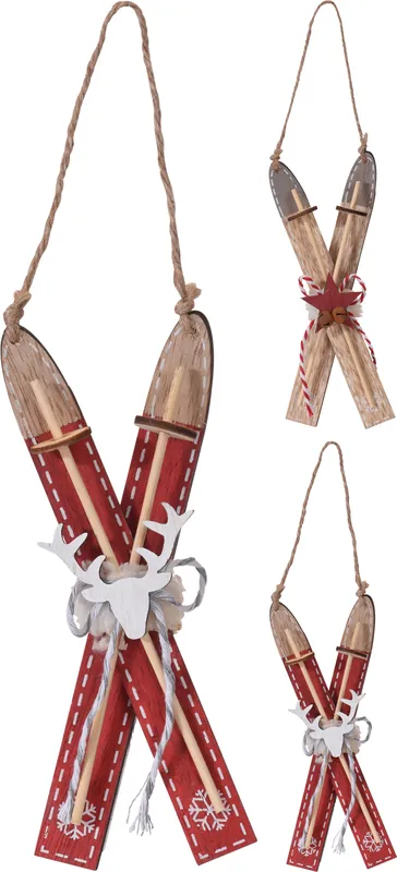 Ultima lansare | Ornament schiuri rosii de lemn cu agatatoare, 18 cm