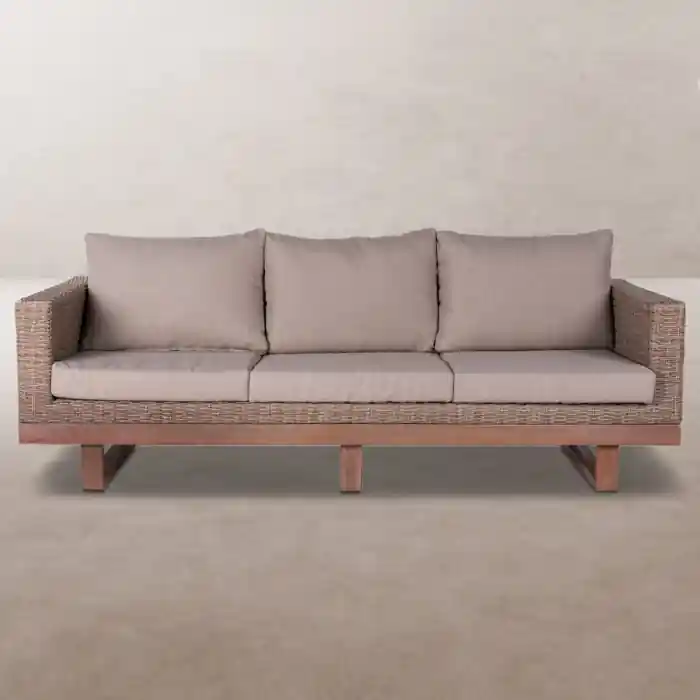 Canapea terasa 3 locuri NATURAL PATSY ratan si lemn acacia cu perne groase detasabile 220 x 89 x 64.5 cm | Cumpără azi