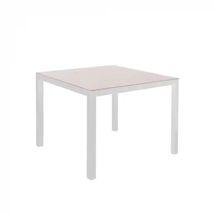 Comandă simplu - Masa patrata dining exterior Thais din aluminiu alb si sticla design compact si elegant pentru terase 80 x 80 x 71 cm