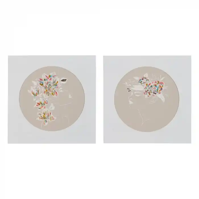Set 2 tablouri pictate manual flori stil boho chic crem rama MDF 60x60 cm | Retur ușor