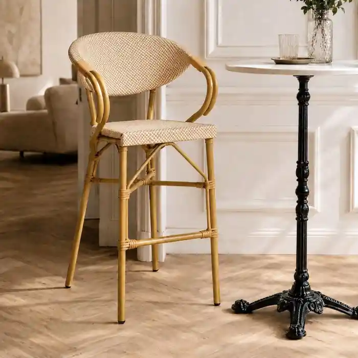 Direct din fabrică - Set de 2 scaune de bar și HoReCa pentru exterior din aluminiu și textilenă bej 57 x 62 x 111 cm