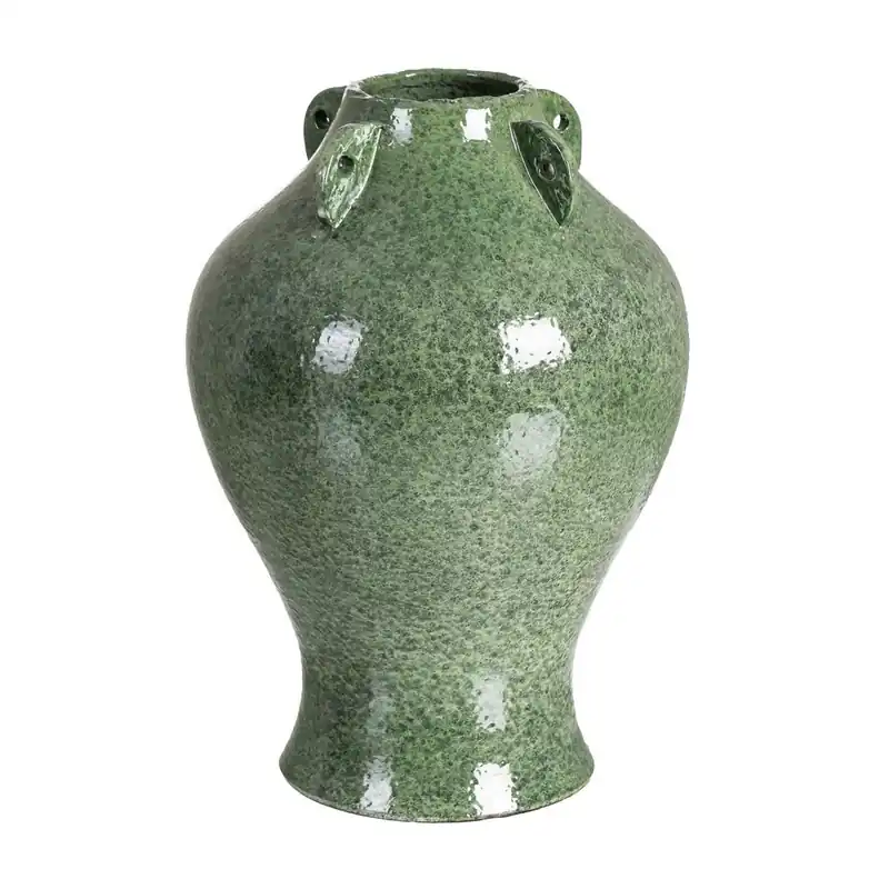 Vază decorativă din ceramică verde glazurată cu profil pe piedestal și volum rotunjit 30 x 30 x 40 cm - Premium