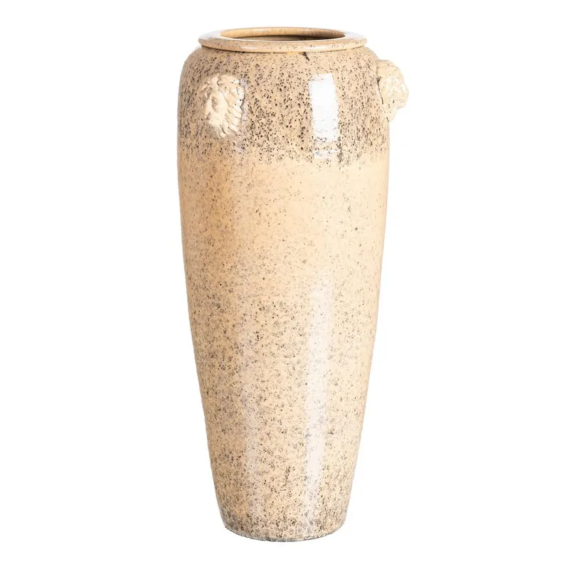 Vază decorativă din ceramică crem glazurată cu siluetă înaltă și aplicații relief 25 x 25 x 60 cm | Produs lansat recent