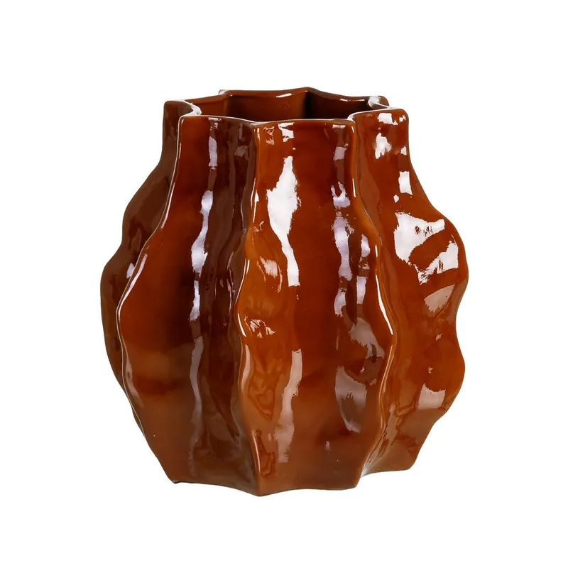 Vază din ceramică teracotă lucioasă cu volum sculptural ondulat și gură de 19 cm 32 x 32 x 36 cm | Reducere extra