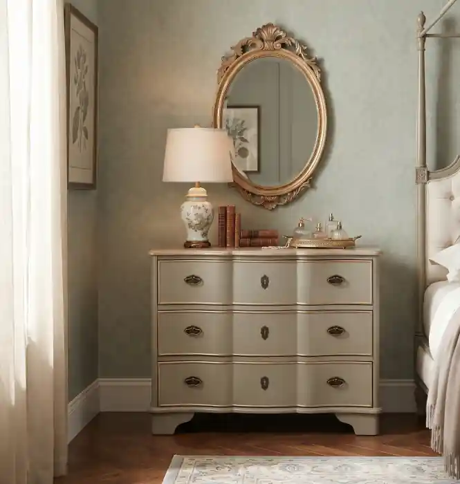 Au mai rămas puține bucăți - Comodă taupe din lemn cu 3 sertare stil clasic pentru dormitor și living 100 x 50 x 80 cm