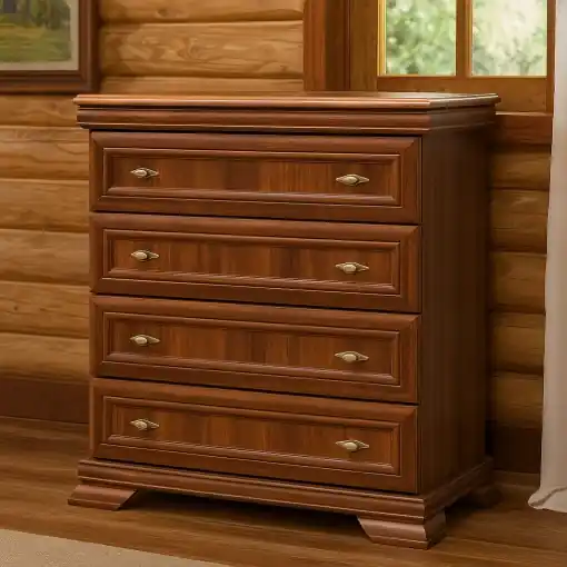 Produs premium - Comoda dormitor VM2, Pal Melaminat, cu 4 sertare, cu elemente din MDF, Nuc