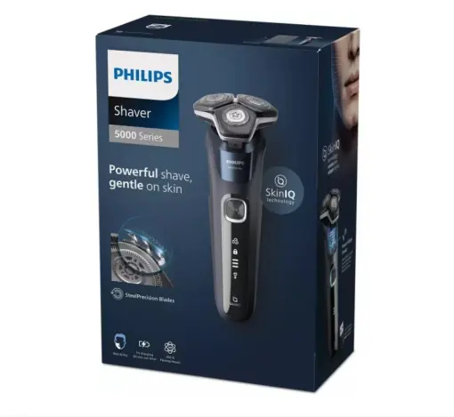 Aparat de barbierit PHILIPS Shaver Seria 5000 S5585/10, barbierit umed/uscat, tehnologie SkinIQ, fara fir, capete flexibile 360°, display LED, senzor Power Adapt, lame auto-ascutire, lama integrata, 60 min, Midnight Blue - Cantități limitate