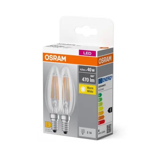 2 Becuri LED Osram Base Classic B, E14, 4W (40W), 470 lm, lumina calda (2700K), cu filament - Preț de fabrică