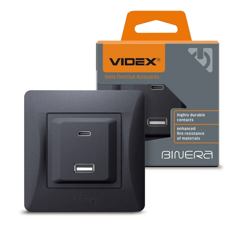 Socket USB-A + USB-C PD20W black graphite VIDEX BINERA - Cumpără azi