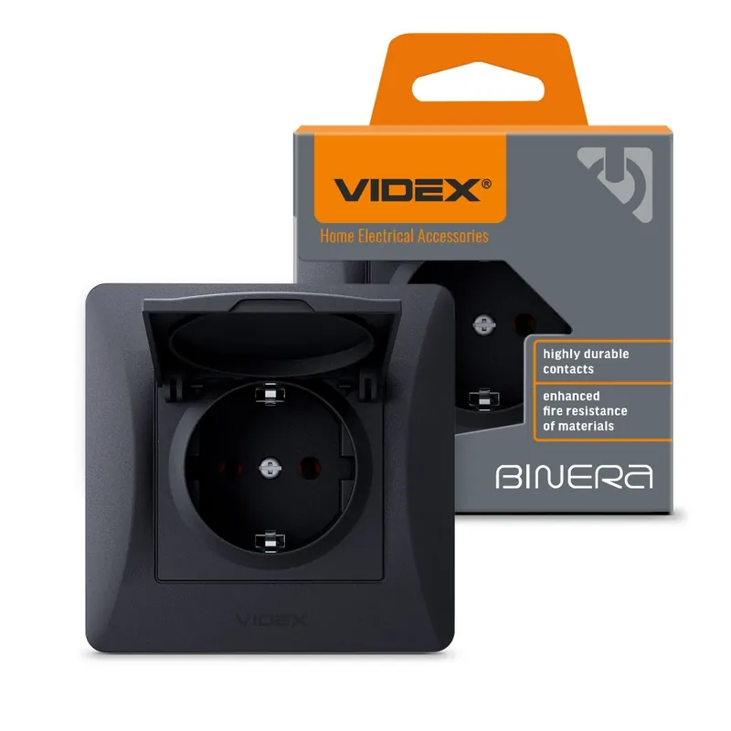 Retur simplu - Single schuko socket with cover black graphite VIDEX BINERA