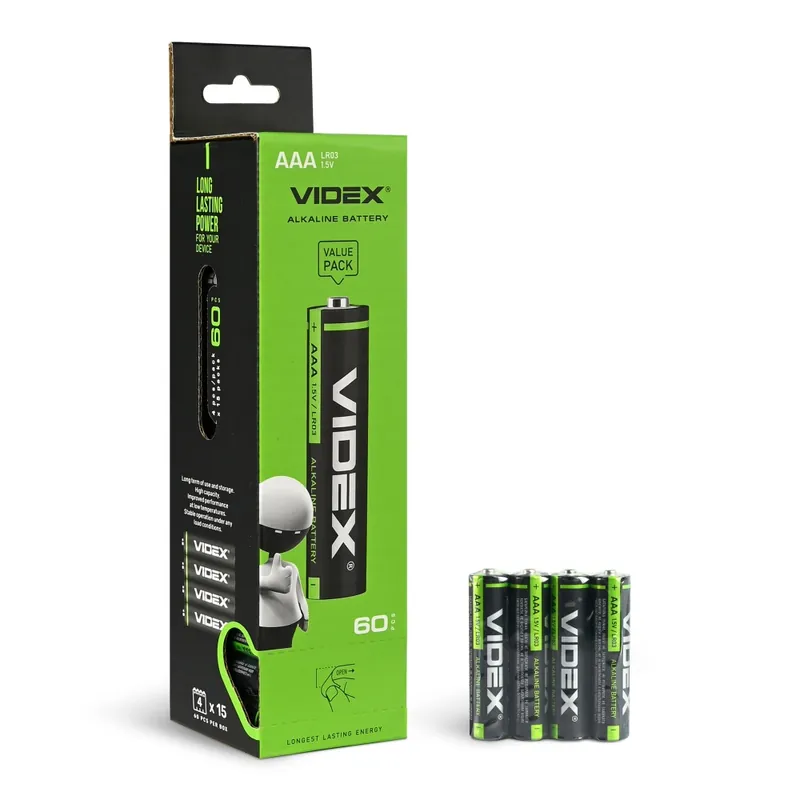 Baterie alcalina VIDEX LR03 AAA 1.5V 1200mAh, blister 4 bucati (pretul este pentru 1 bucata) - Economisește