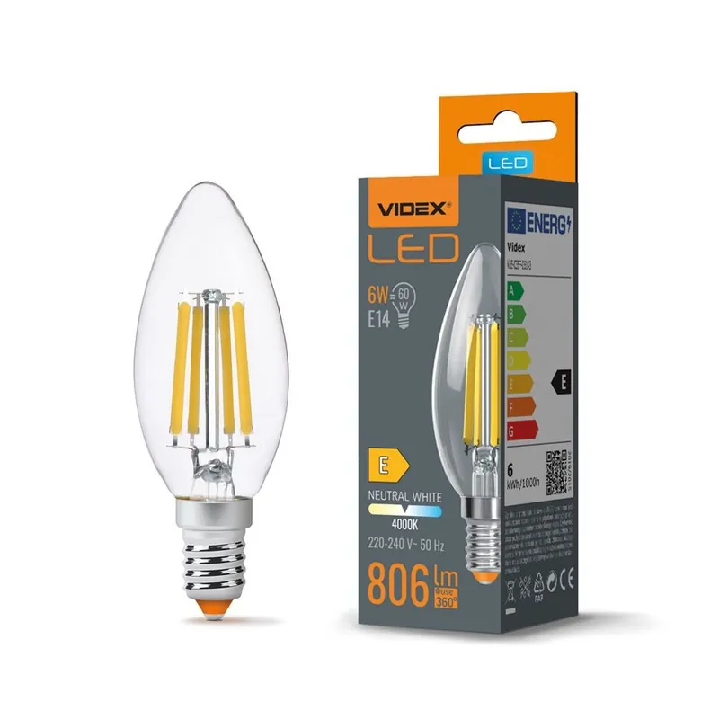 Calitate profesională | Bec LED filament VIDEX-E14-C35-6W-FIL-NW