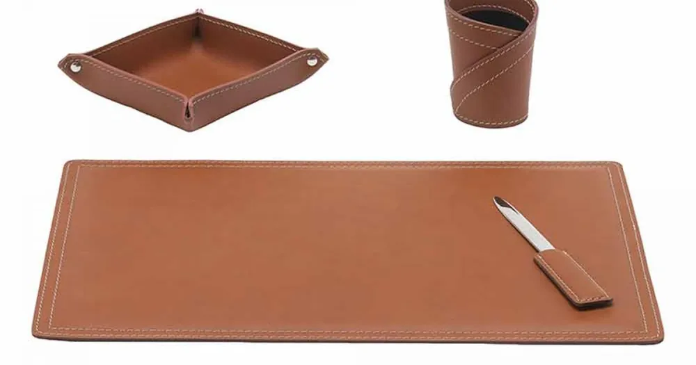 Accesorii Birou regenerat din piele, 4 piese, realizat în Italia - Ascanio | Preț avantajos